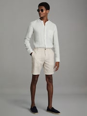 Reiss Ecru Stripe Ezra Cotton Linen Blend Internal Drawstring Shorts - Image 1 of 6
