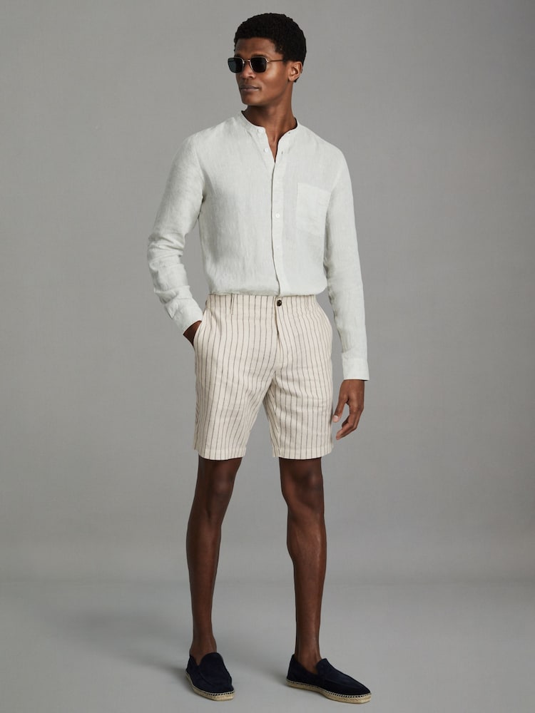 Reiss Ecru Stripe Ezra Cotton Linen Blend Internal Drawstring Shorts - Image 1 of 6