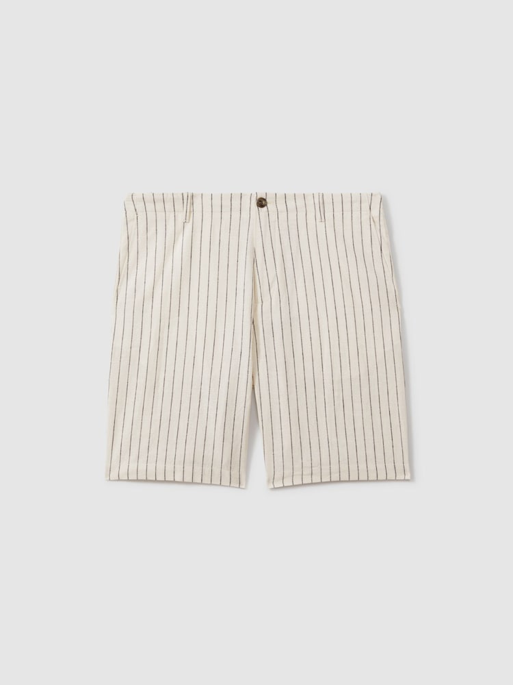 Reiss Ecru Stripe Ezra Cotton Linen Blend Internal Drawstring Shorts - Image 2 of 6