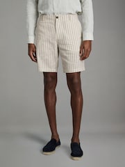 Reiss Ecru Stripe Ezra Cotton Linen Blend Internal Drawstring Shorts - Image 3 of 6