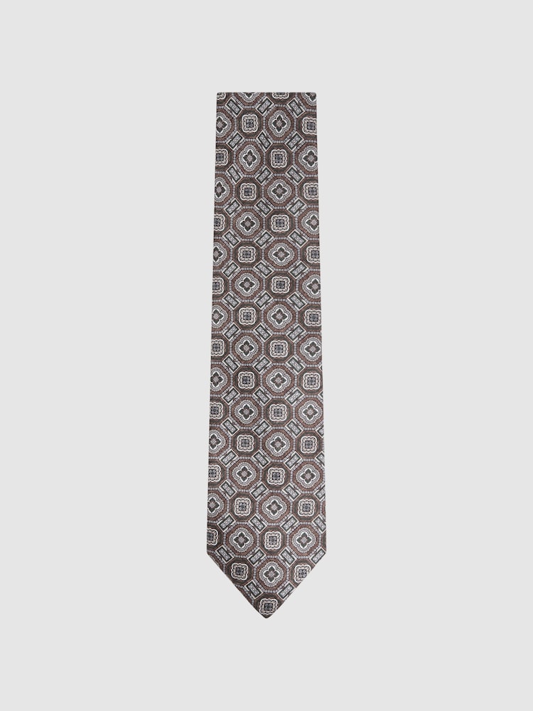 Reiss Tobacco Assisi Silk Medallion Print Tie - Image 1 of 5