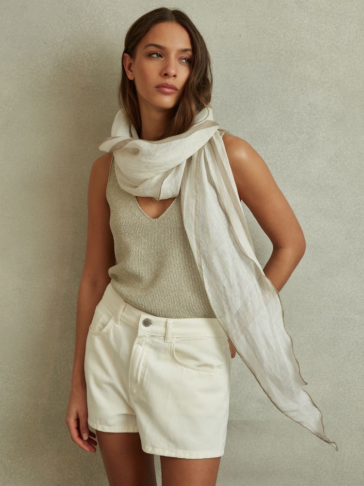 Reiss Ecru Rhombus 100% Linen Contrast Trim Scarf - Image 2 of 4 Reiss Ecru Rhombus 100% Linen Contrast Trim Scarf - Image 2 of 4