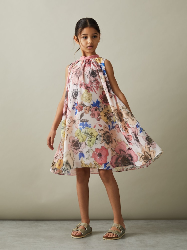 Reiss Pink Print Kady 4-9 yrs Floral Print Halter Neck Dress - Image 1 of 4