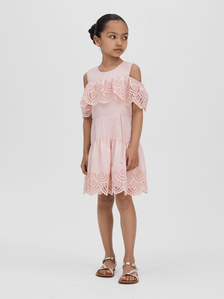 Reiss Pink Jazz 4-9 yrs Off-The-Shoulder Broderie Dress - Image 2 of 4