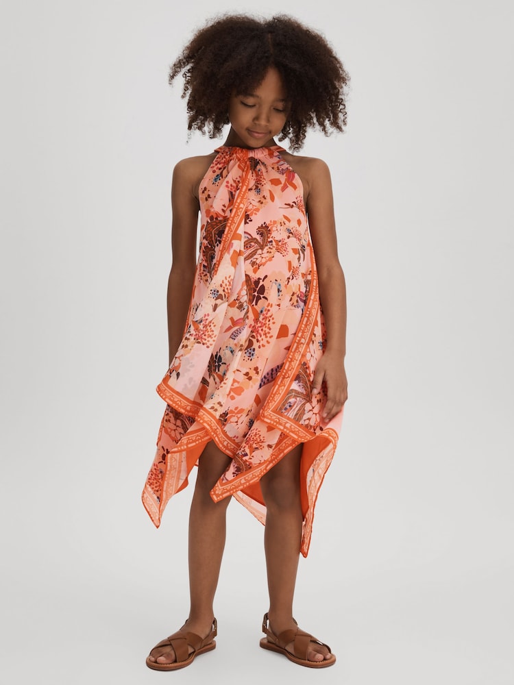 Reiss Pink Print Akari 4-9 yrs Printed Draped Halter Neck Dress - Image 1 of 4