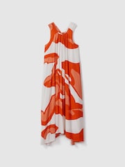 Reiss Orange/White Avia Printed Dipped Hem Midi Dress - Image 2 of 4