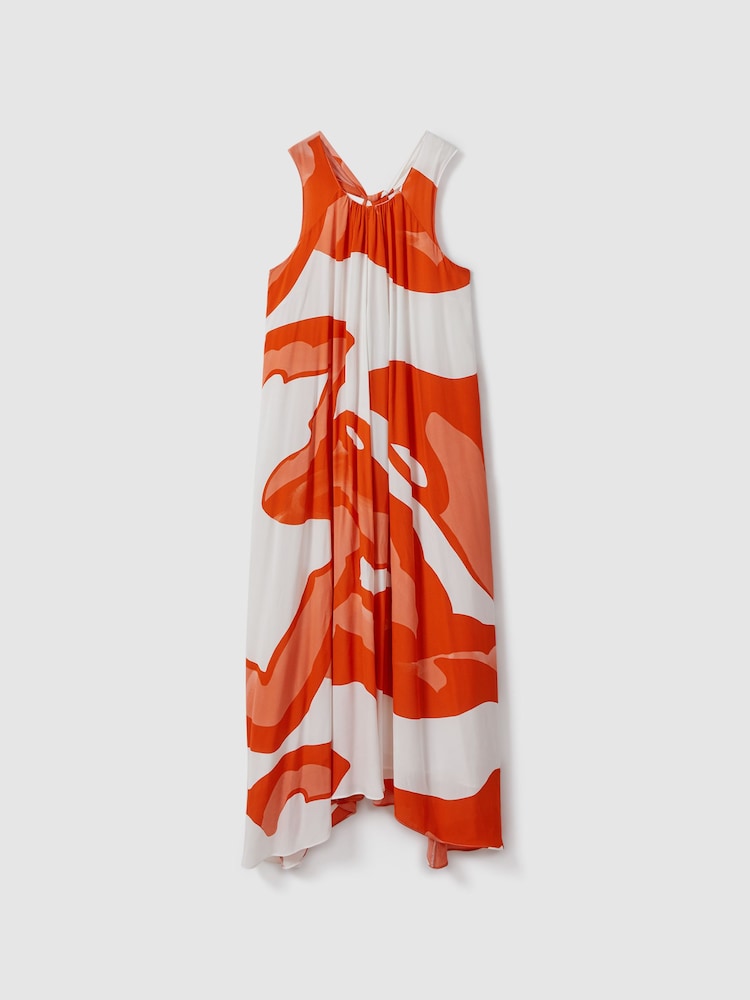 Reiss Orange/White Avia Printed Dipped Hem Midi Dress - Image 2 of 4