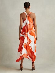Reiss Orange/White Avia Printed Dipped Hem Midi Dress - Image 3 of 4