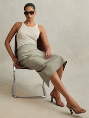 Reiss Khaki Nadia Cotton Blend Wrap Front Midi Skirt - Image 1 of 6