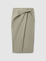 Reiss Khaki Nadia Cotton Blend Wrap Front Midi Skirt - Image 2 of 6