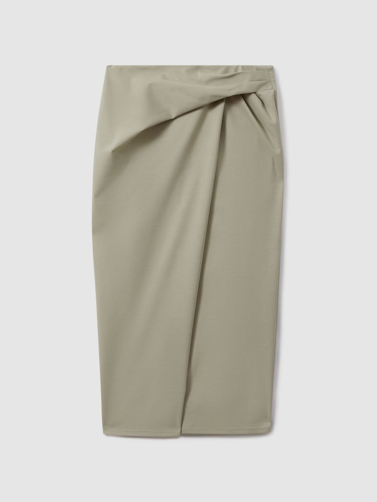 Reiss Khaki Nadia Cotton Blend Wrap Front Midi Skirt - Image 2 of 6