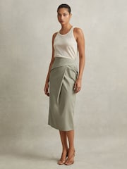 Reiss Khaki Nadia Cotton Blend Wrap Front Midi Skirt - Image 3 of 6