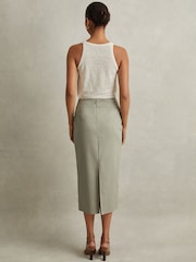 Reiss Khaki Nadia Cotton Blend Wrap Front Midi Skirt - Image 5 of 6