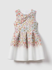 Reiss Pink Print Emmie 4-9 yrs Floral Scuba Bow Fit-and-Flare Dress - Image 1 of 5