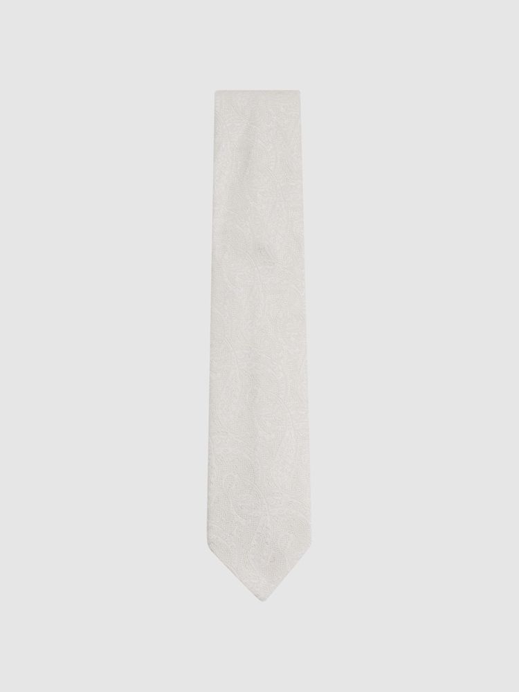 Reiss Ivory Sistine Silk Blend Jacquard Paisley Print Tie - Image 1 of 5 Reiss Ivory Sistine Silk Blend Jacquard Paisley Print Tie - Image 1 of 5