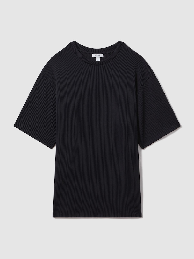 Reiss Navy Skyee Oversized Ribbed Crew Neck T-Shirt - Image 2 of 5