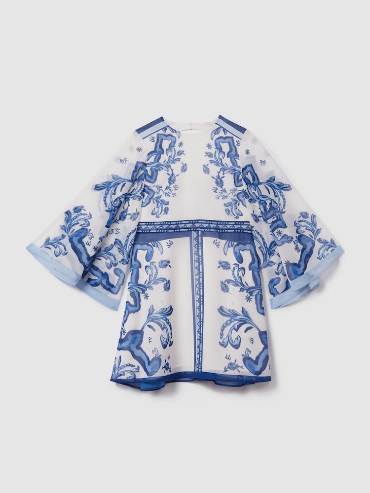 Reiss Blue Print Andra Teen Tile Print Flare Sleeve Dress - Image 1 of 4