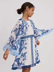 Reiss Blue Print Andra Teen Tile Print Flare Sleeve Dress - Image 3 of 4