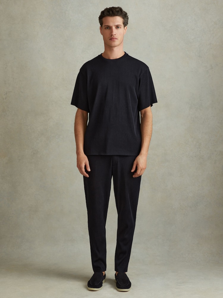 Reiss Navy Cyrus Ribbed Elasticated Waist Trousers - Image 1 of 5