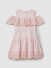 Reiss Pink Jazz 9-13 yrs Off-The-Shoulder Broderie Dress - Image 2 of 4