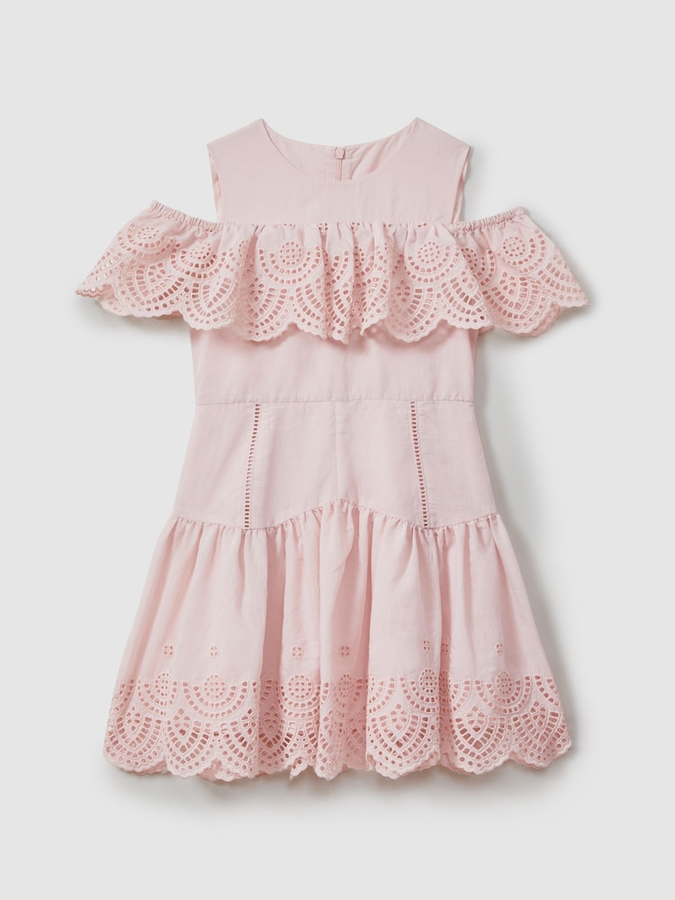 Reiss Pink Jazz 9-13 yrs Off-The-Shoulder Broderie Dress - Image 2 of 4