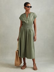 Reiss Green Lena Petite Cotton Ruched Waist Midi Dress - Image 1 of 6