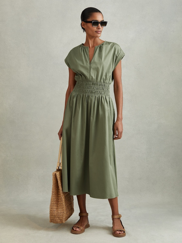 Reiss Green Lena Petite Cotton Ruched Waist Midi Dress - Image 1 of 6
