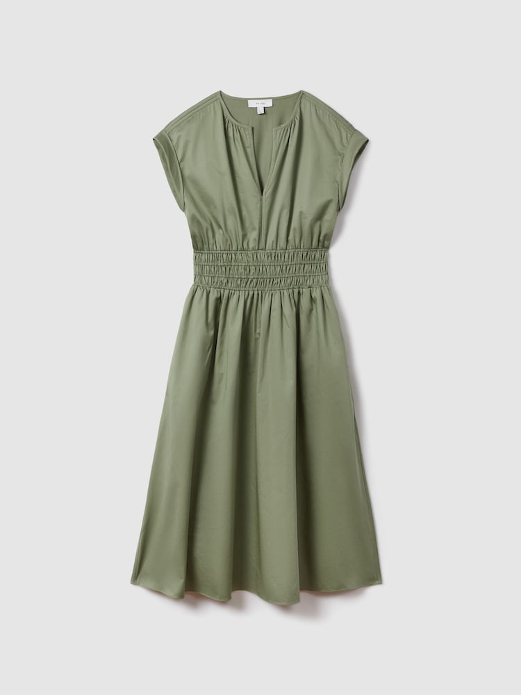Verde - Vestido a media pierna de algodón con cintura fruncida Lena de Reiss - Imagen 2 de 6 Verde - Vestido a media pierna de algodón con cintura fruncida Lena de Reiss - Imagen 2 de 6