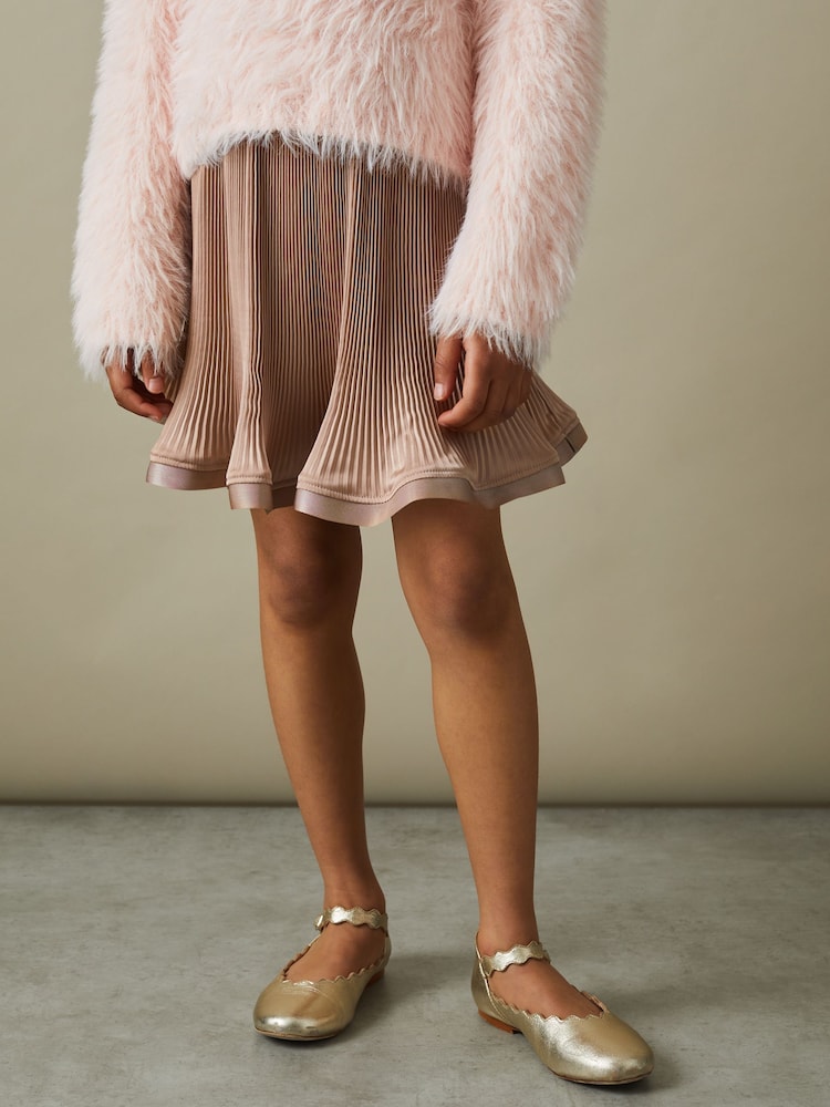 Reiss Camel Violet Junior Pleated Satin Trim Skirt - Image 1 of 4