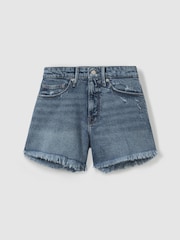 Indigoblau - Good American Denim-Shorts mit Fransensaum - Bild 2 von 4