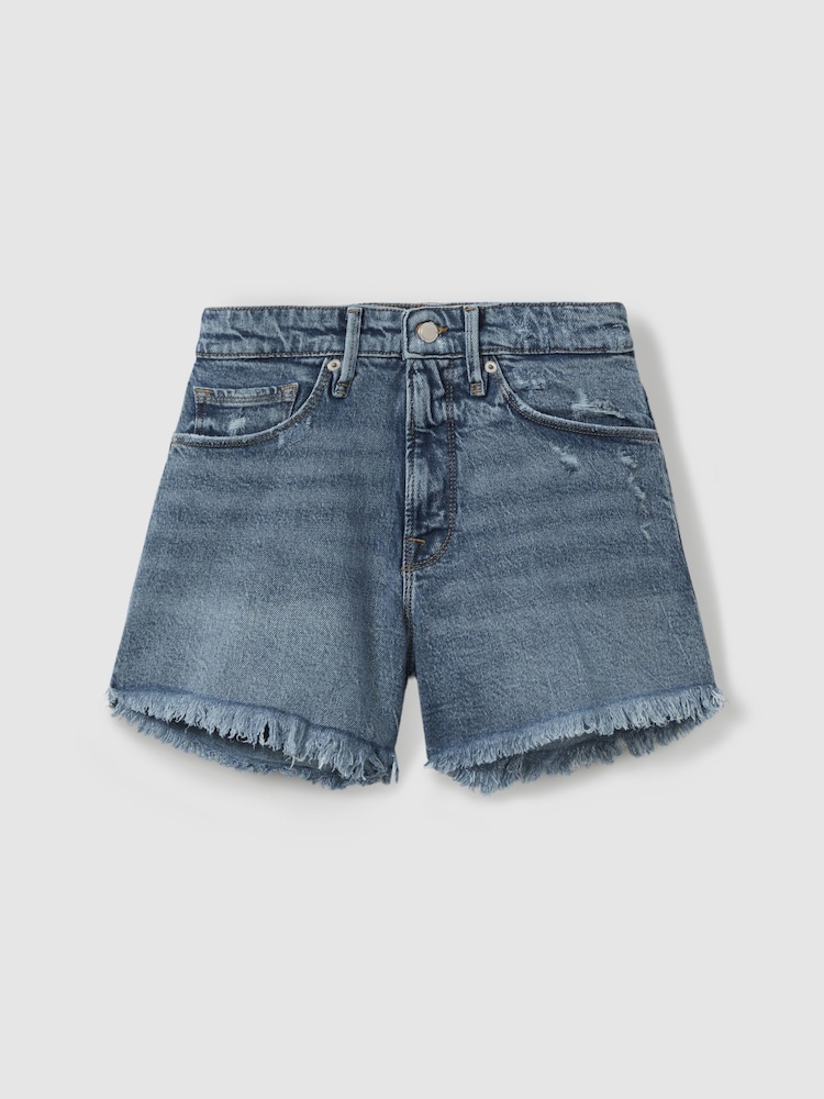 Indigoblau - Good American Denim-Shorts mit Fransensaum - Bild 2 von 4