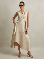 Reiss Neutral Ava Linen Lyocell Strappy Midi Dress - Image 1 of 6