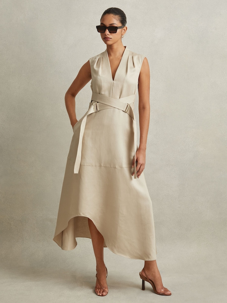 Reiss Neutral Ava Linen Lyocell Strappy Midi Dress - Image 1 of 6