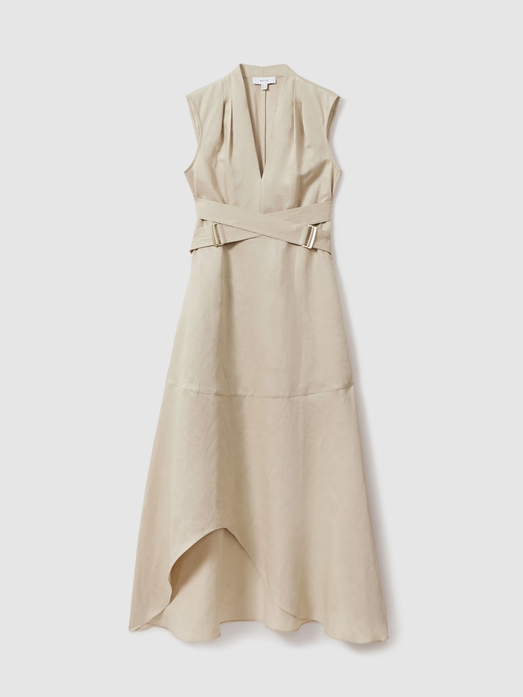 Reiss Neutral Ava Linen Lyocell Strappy Midi Dress - Image 2 of 6