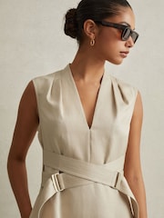 Reiss Neutral Ava Linen Lyocell Strappy Midi Dress - Image 3 of 6