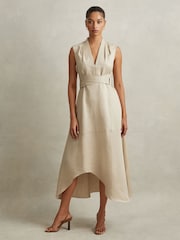 Reiss Neutral Ava Linen Lyocell Strappy Midi Dress - Image 4 of 6