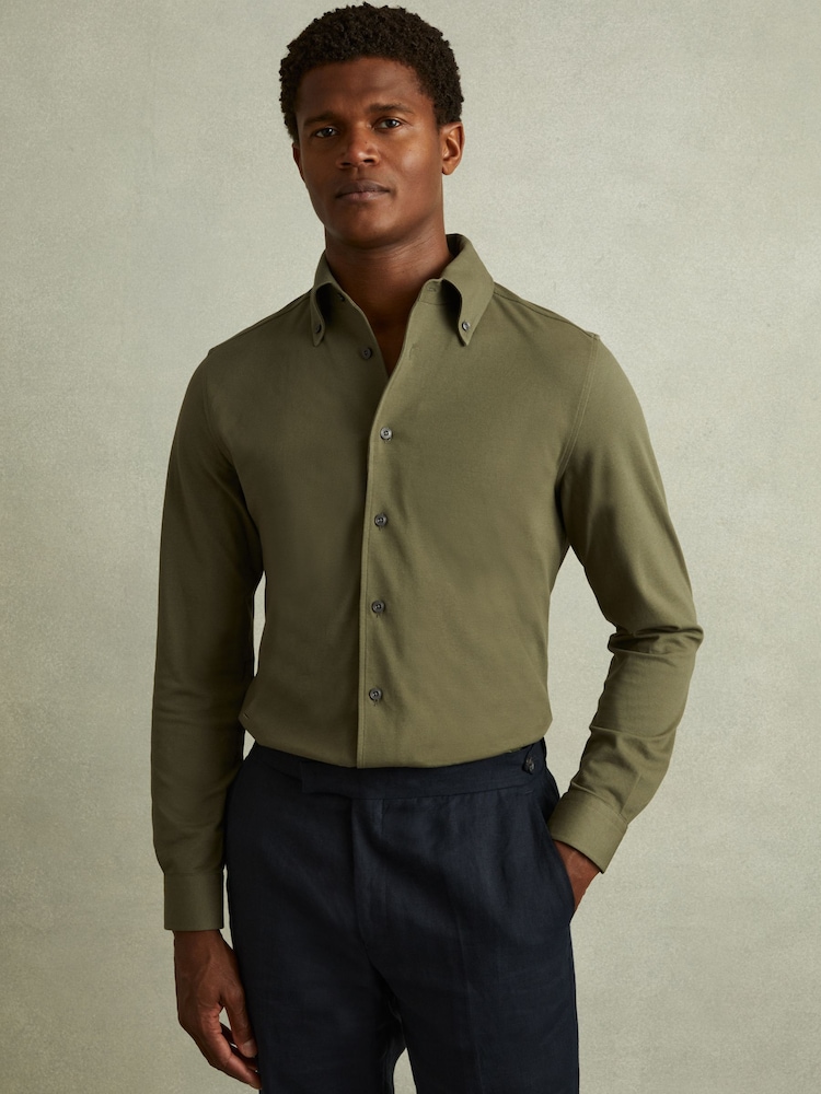 Reiss Khaki Malone Garment Dyed Cotton Pique Oxford Shirt - Image 1 of 5