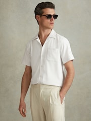 Reiss White Nitus Herringbone Cuban Collar Shirt - Image 1 of 5