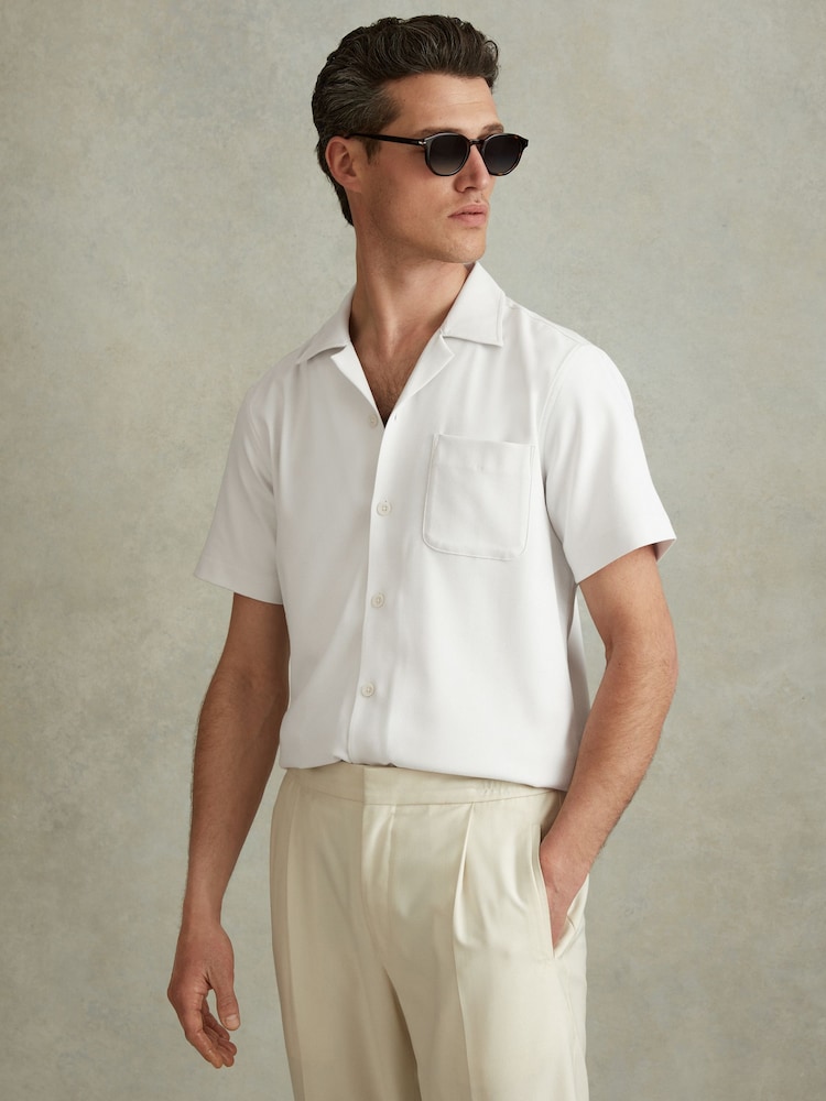 Reiss White Nitus Herringbone Cuban Collar Shirt - Image 1 of 5