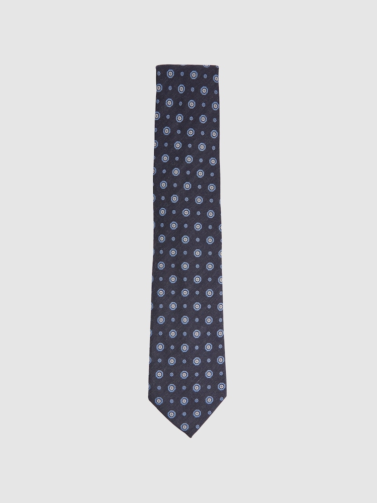 Reiss Navy Orvieto Cotton Silk Medallion Design Tie - Image 1 of 4