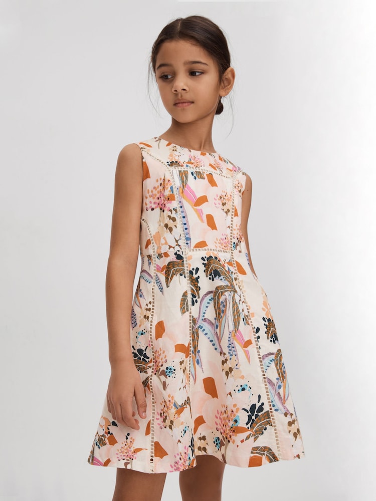 Reiss Pink Print Lor 4-9 yrs Linen Cotton Stitch Dress - Image 1 of 4