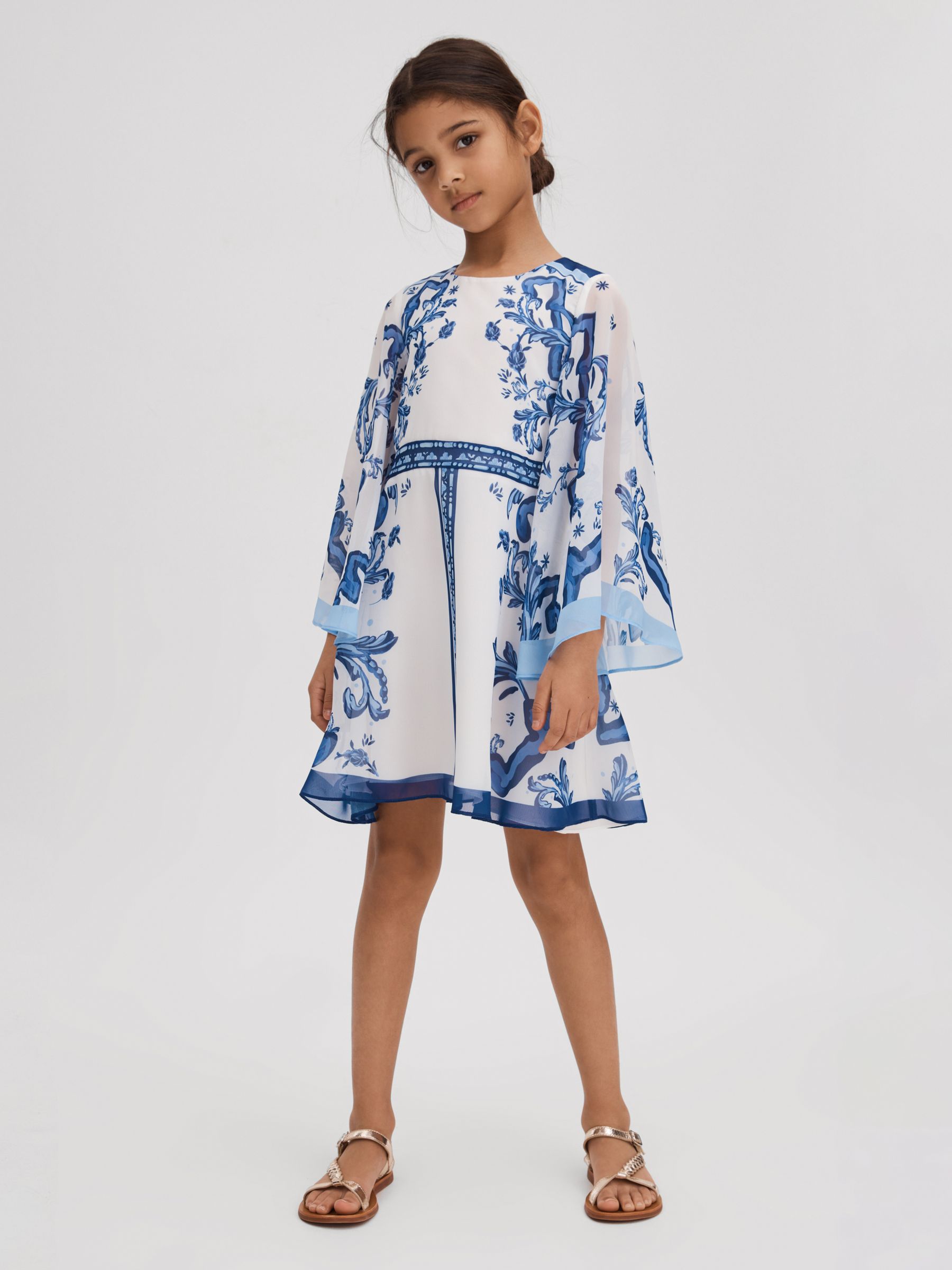 REISS BLUE PRINT ANDRA 4-9 YRS TILE PRINT FLARE SLEEVE DRESS 