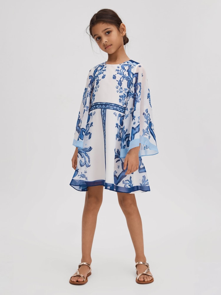 Reiss Blue Print Andra 4-9 yrs Tile Print Flare Sleeve Dress - Image 1 of 4