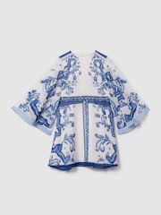 Reiss Blue Print Andra 4-9 yrs Tile Print Flare Sleeve Dress - Image 2 of 4