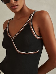 Reiss Black/Camel Kiki Knitted Crochet Trim Vest - Image 4 of 6