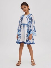 Reiss Blue Print Andra 9-13 yrs Tile Print Flare Sleeve Dress - Image 3 of 4
