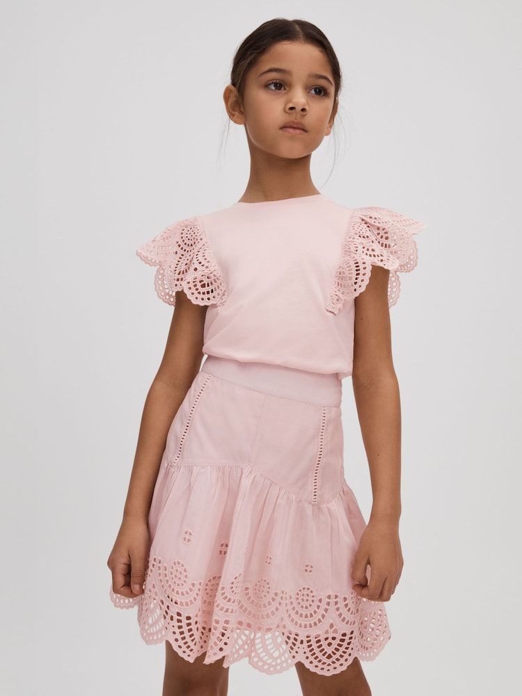Reiss Pink Jasmine Senior Broderie Skirt - Image 1 of 4