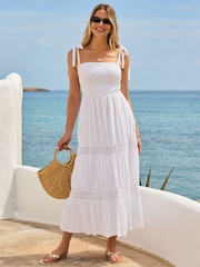 Sosandar White Shirred Bodice Lace Insert Tie Shoulder Dress - Image 1 of 5
