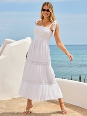 Sosandar White Shirred Bodice Lace Insert Tie Shoulder Dress - Image 3 of 5