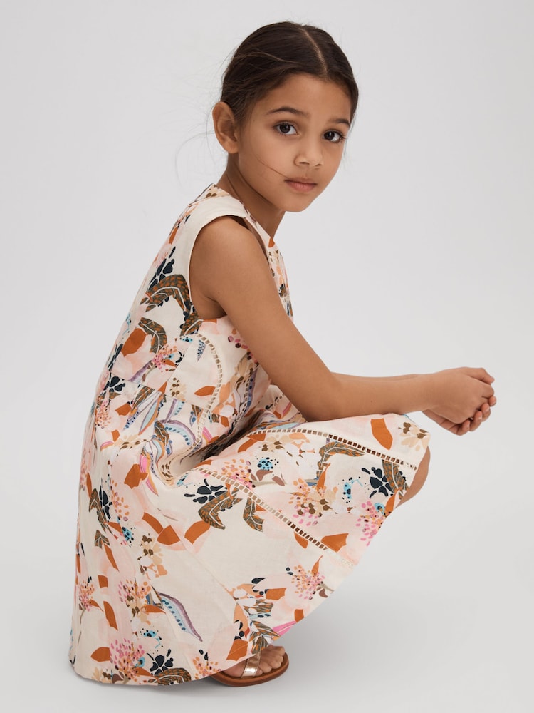 Reiss Pink Print Lor 9-13 yrs Linen Cotton Stitch Dress - Image 1 of 4